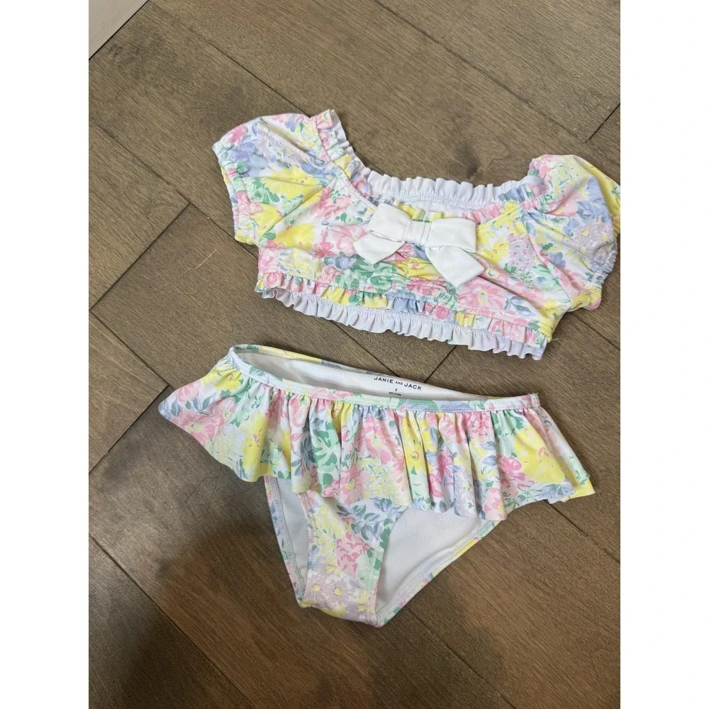 Janie And Jack Swim Set Girls 5 Multicolor Floral Ruffle Bow Bikini Skirted‎